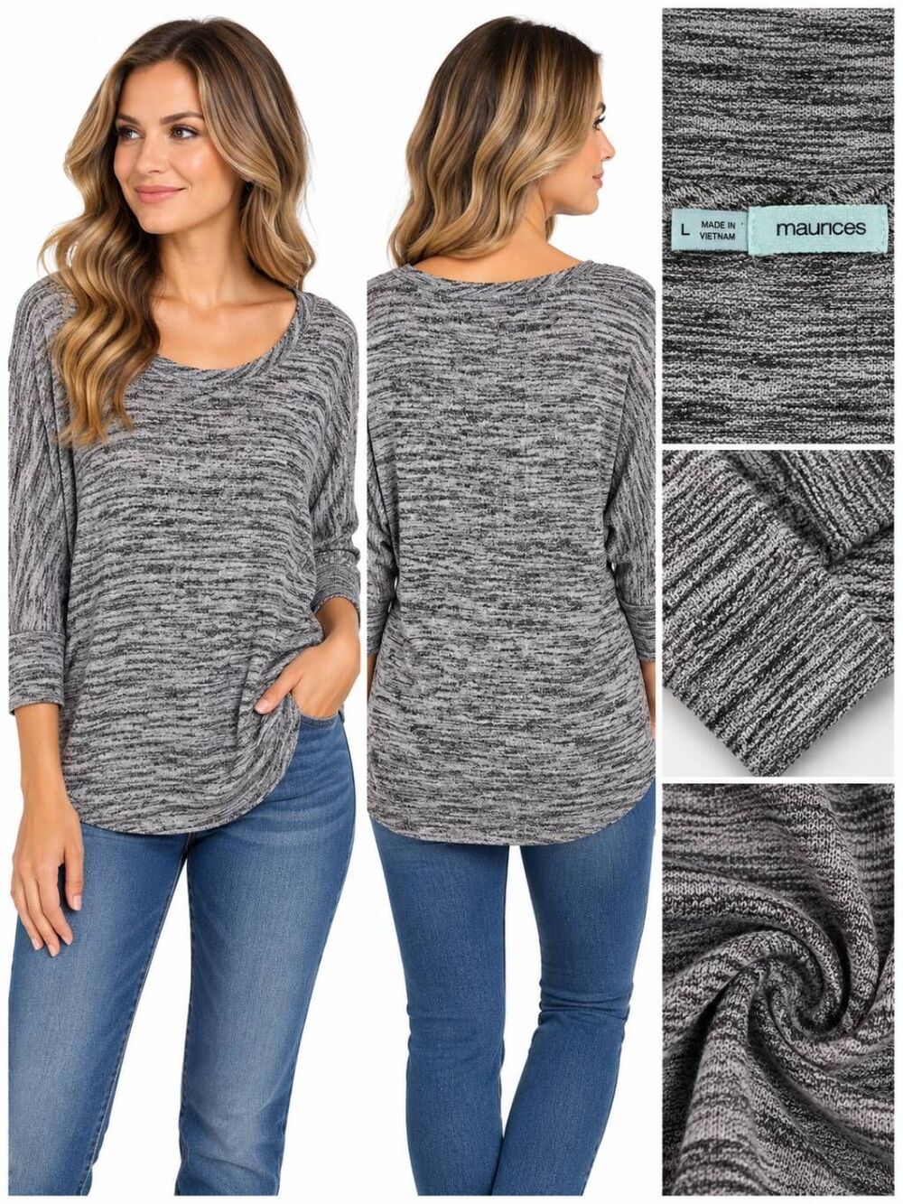 Maurices Women’s Gray Space-Dye Lightweight 3/4 Sleeve Top Size Large